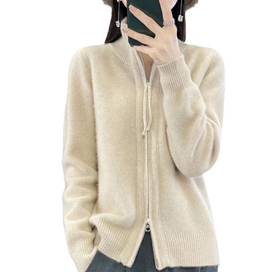 Women Knitted Sweater Coat High Collar Long Sleeve Double Zipper Placket