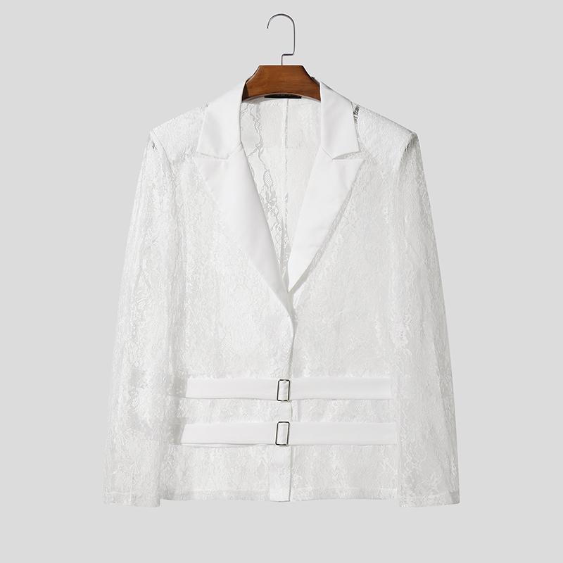 INCERUN Men Long Sleeve Splicing Lace See Through Mesh Sheer Suit Party Blazer