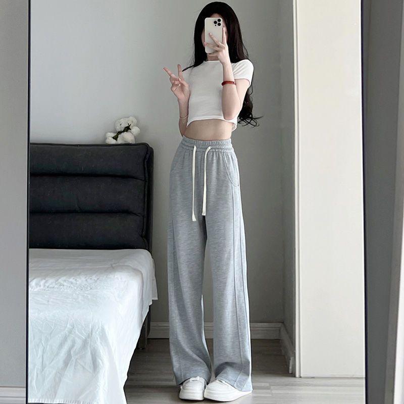 Korean Simple Casual Pants for Women In Spring and Autumn New High-waist Straight Sports Sweatpants Draped Loose Wide Legs