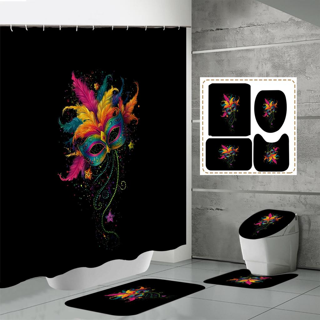 4 STÜCKE Duschvorhangsets Mit Duschvorhang Und Teppichen Toilettendeckelteppich U-Form Matte Und Badematte Badezimmerset Mit 12 Haken