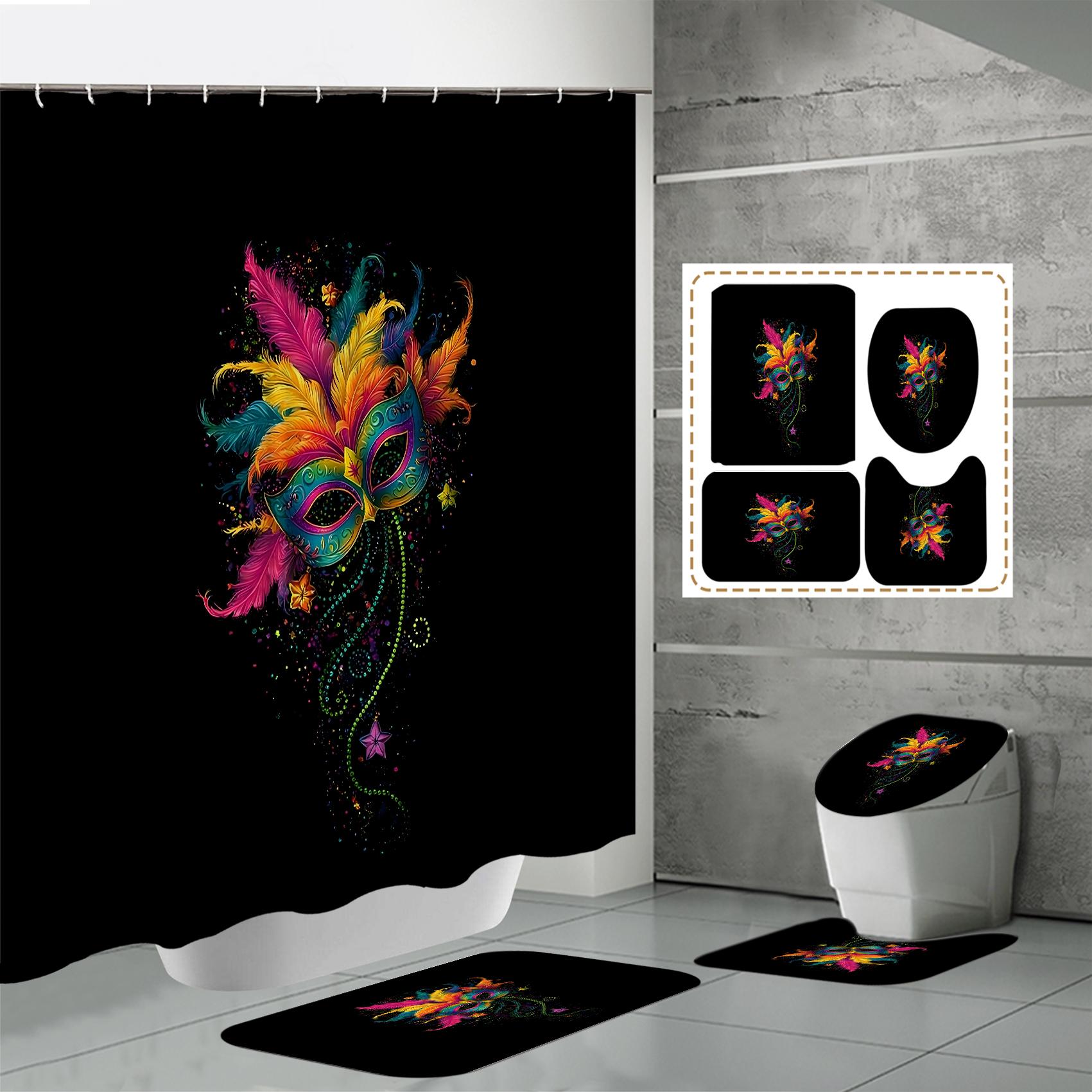 

4 ШТ. Наборы штор для душа со шторкой для душа и ковриками, коврик для крышки унитаза, U-образный коврик и коврик для ванной, набор для ванной комнаты с 12 крючками One Size