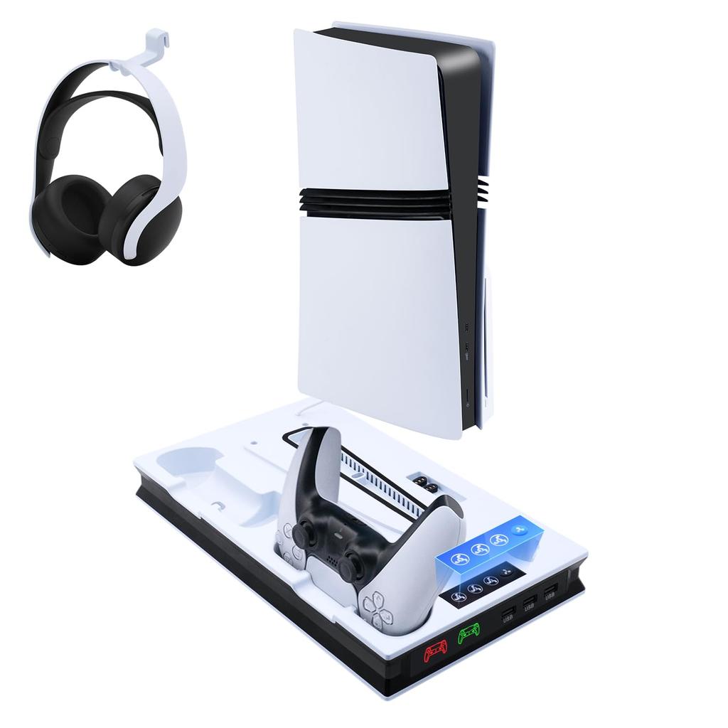 Mcbazel PS5 Slim Vertical Stand with Cooling Dual Controller Compatible with and Six Edition Heat Fast and Overcharge Prevention White Pro/PS5/PS5