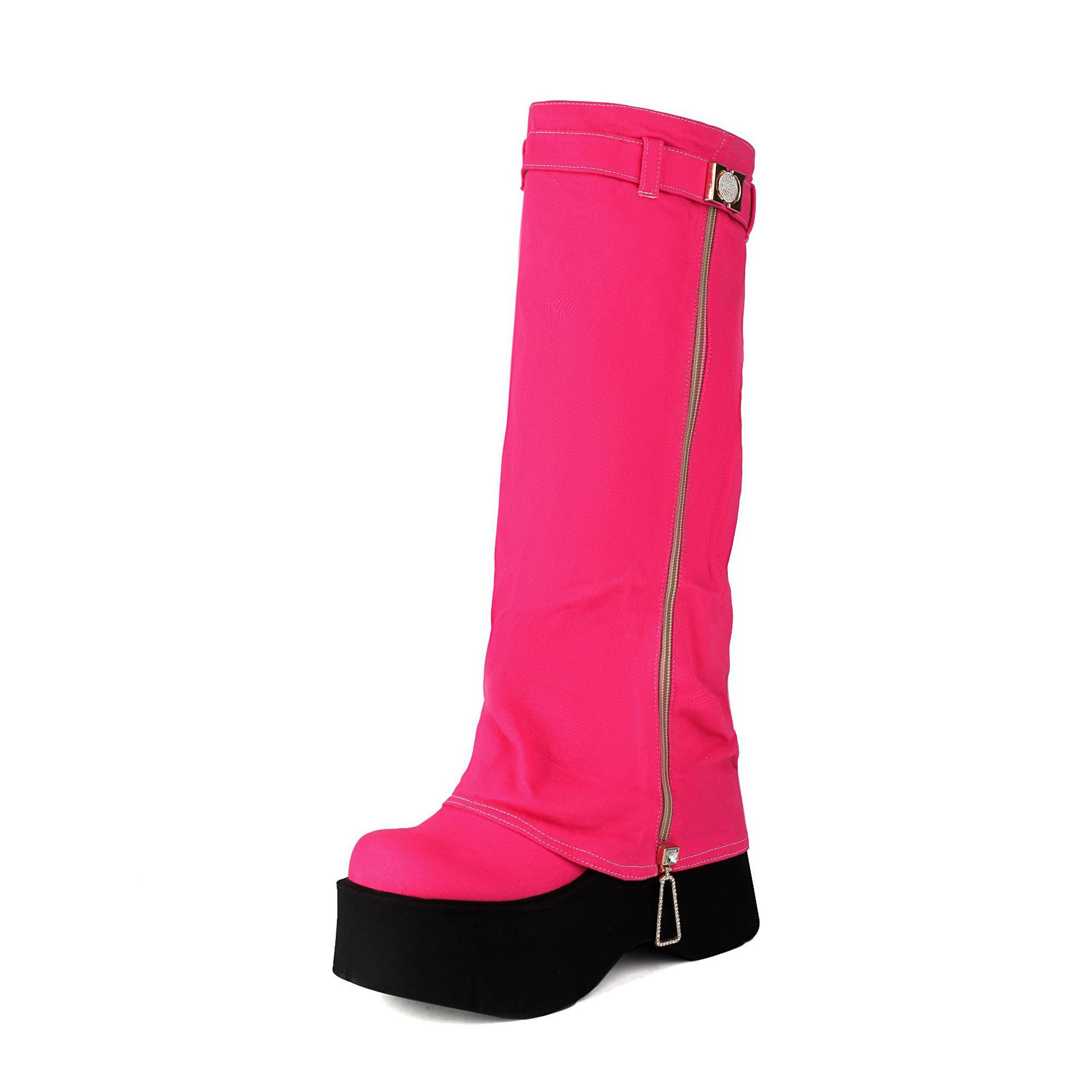 

Новые туфли на платформе женские высокие сапоги джинсовая ткань танкетка каблук высокий каблук украшение стразами но 39 персиковый