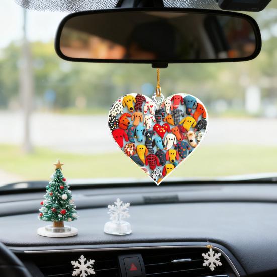 Love Heart Dachshund Christmas Ornament Xmas Tree Car Rearview Mirror Acrylic Hanging Heart Shape Dog Decoration Holiday Party Pendant