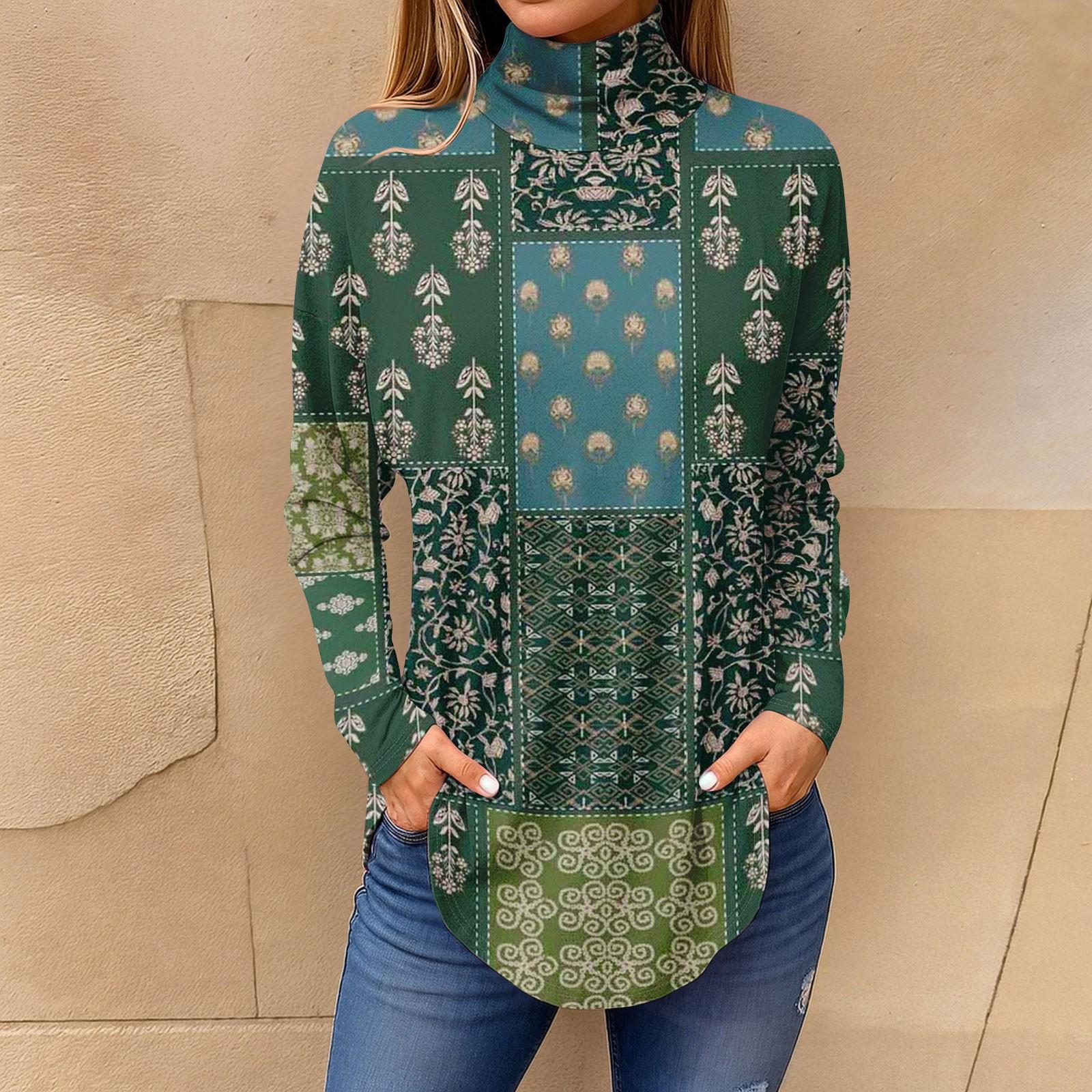 

Жіночі футболки для осені Повсякденні сорочки з довгими рукавами Світшоти Вінтажний пуловер з високим горлом і принтом XL