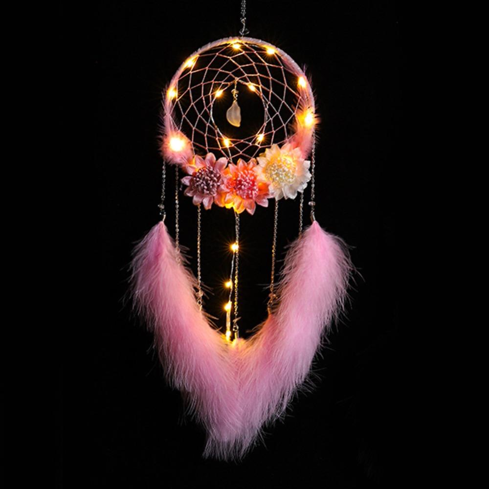 Wall Hanging Dream Catcher Pendant with Feathers with Flowers Feather Wind Chime with LED String Round Shape Night Light Home