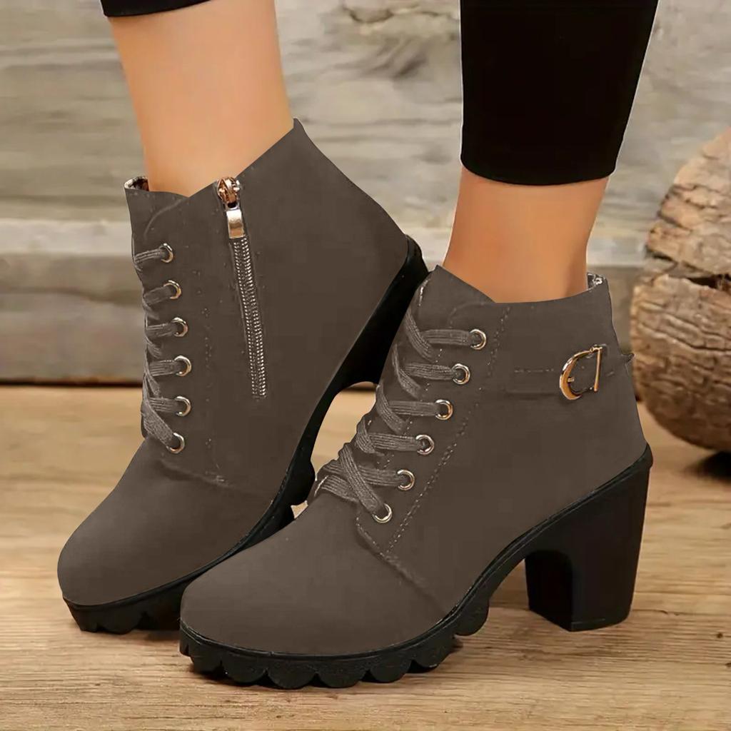 2026 Lederstiefel Damenschuhe Klobige Hohe Absätze Stiefel Modischer Klassischer Stil Atmungsaktive Keilstiefel für Damen Stiefel