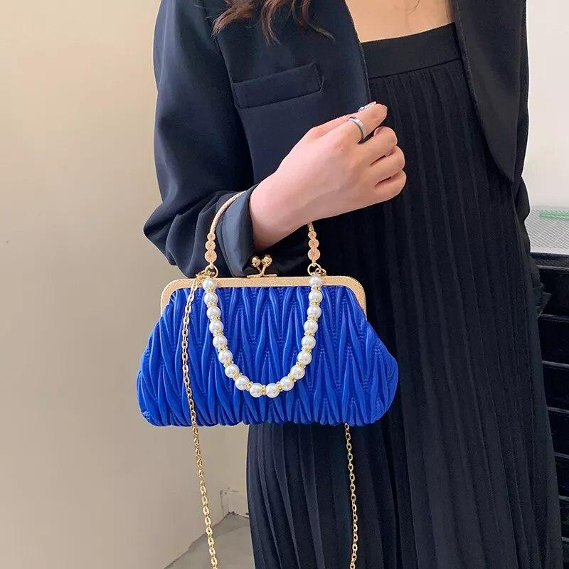 Fashion Women Orange Green Shoulder Bags Prom Clutch Pearl Chain Crossbody Bags Female Chic Totes Pu Leather Handbags And Purse