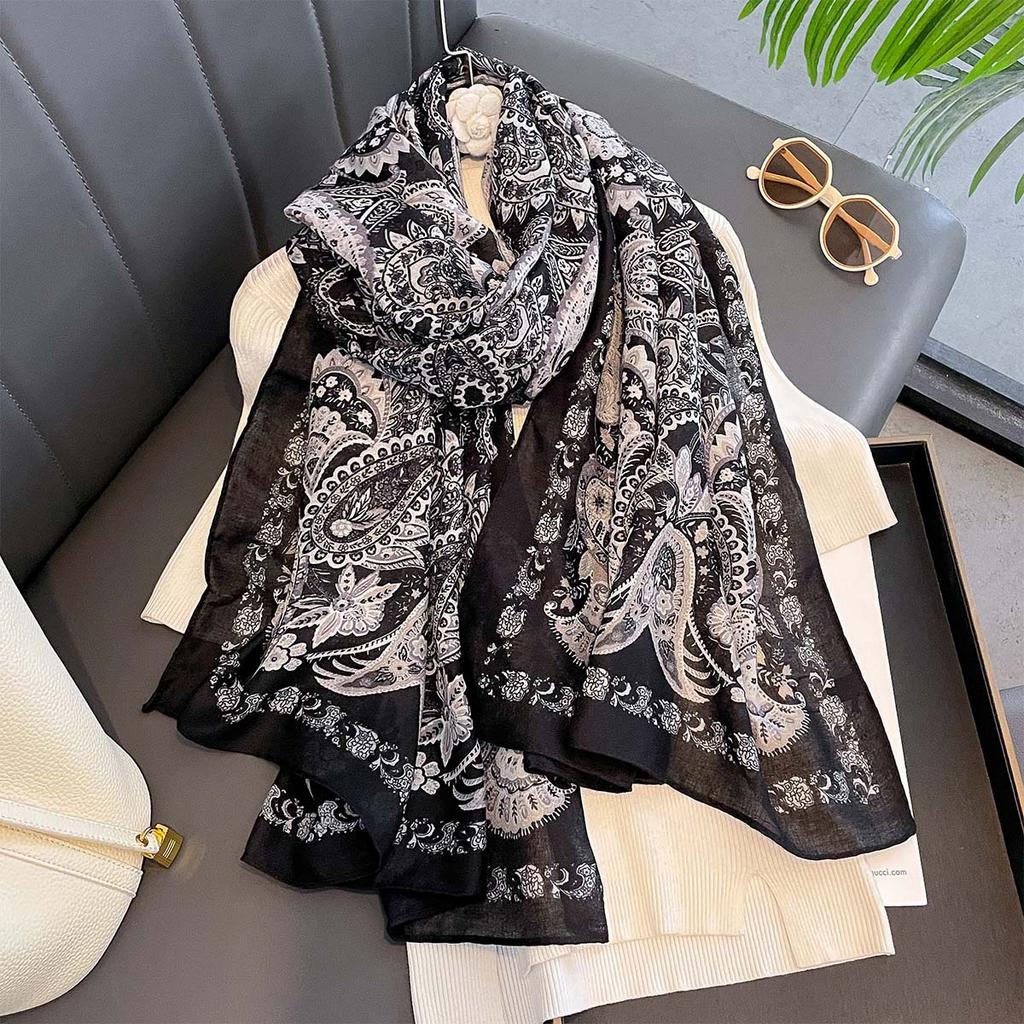 Women Paisley Flowers Thin Scarf Warm Elegant Cotton Linen Long Wrap Spring Autumn Sun Protection Scarves Hijab Bufandas Luxury