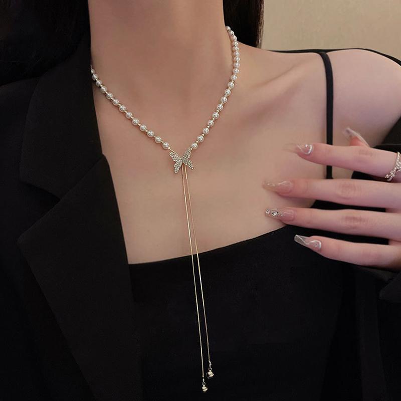 Unique Design Adjustable Tassel Imitation Pearl Chain Necklace for Women Shiny Rhinestone Butterfly Long Neck Choker Jewelry