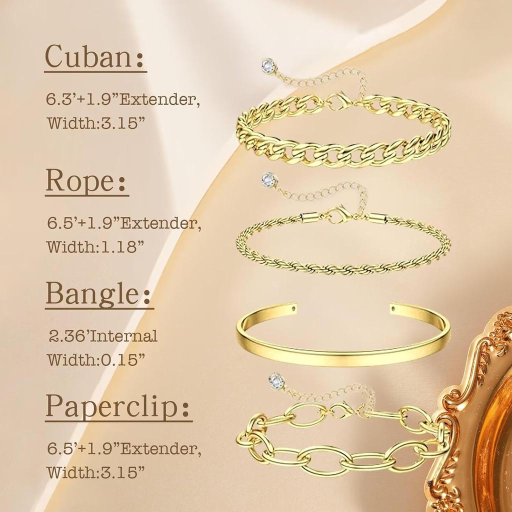 16k Chunky Gold Bracelets for Women Trendy Womens Gold Bracelet Stack Layered Chunky Chain Bracelets Waterproof Link Cuff Herringbone Bracelet