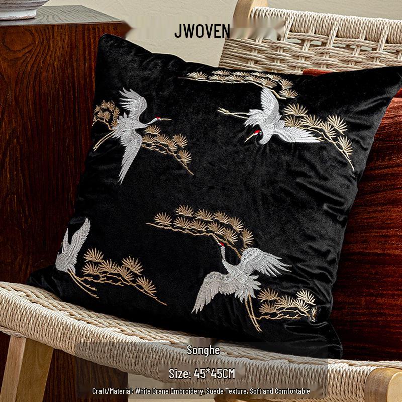 Oriental Pine Crane & Bamboo Embroidered Cushion Set – Chinese Style Sofa Décor