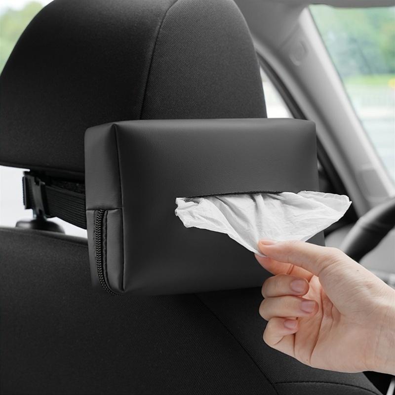 Compact Faux Leather Car Tissue Holder Armrest and Headrest Storage Box, Stylish Interior Organizer Vehicle Tissue Holder