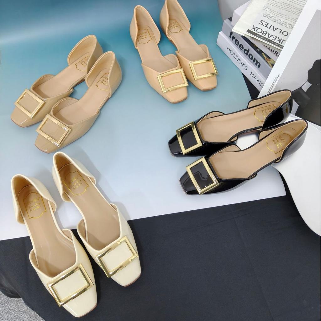 Shoes commuter RV square buckle patent leather square head shallow mouth hollow flat sole single shoes summer
