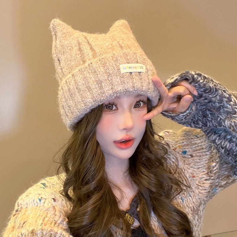 Japanese Cat Ear Woolen Hat for Women In Autumn and Winter Warm and Cute Knitted Hat Korean Style Casual All Match Pullover Cold Hat