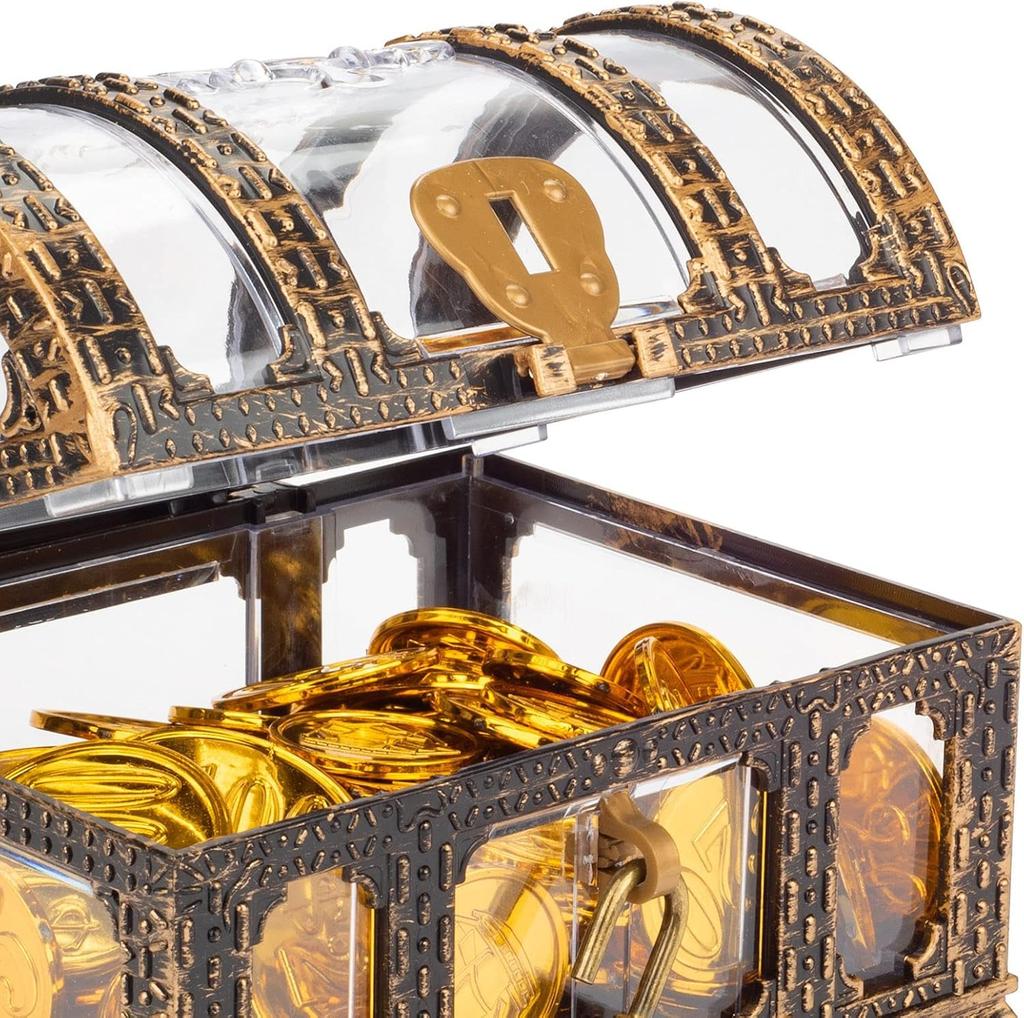 DIFEIUKI Pirate Treasure Chest Toy Box with Lock, Retro Antique Style, Pirate Treasure Box, Jewelry Box, Trinket Box, Gold Coins, Hidden Treasure,