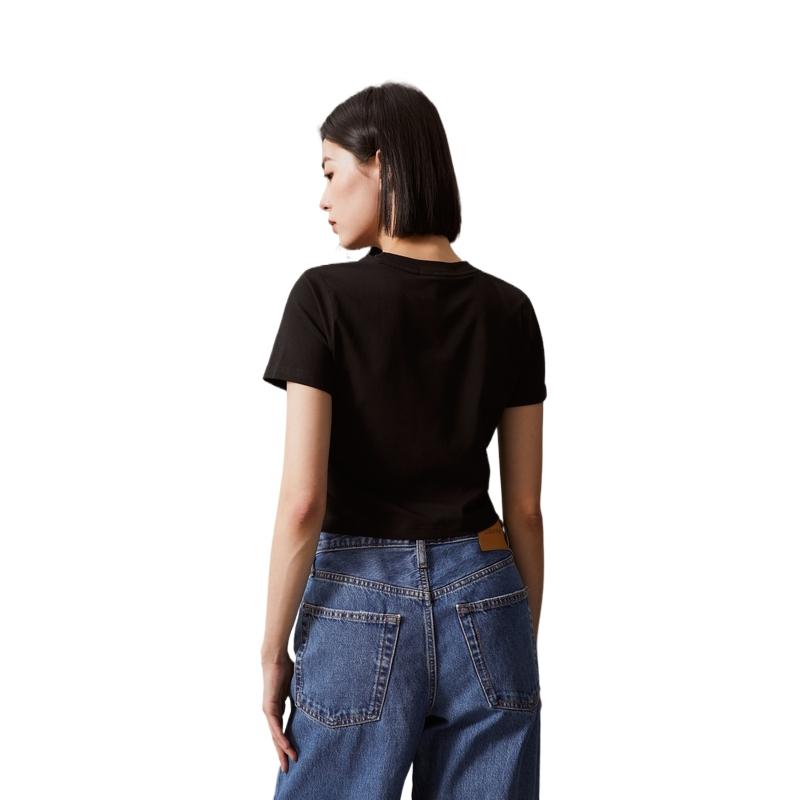 Calvin Klein Lässiges T-Shirt mit Rundhalsausschnitt und Buchstaben-Print für Damen, kurzärmlig, Schwarz, J221837-BEH