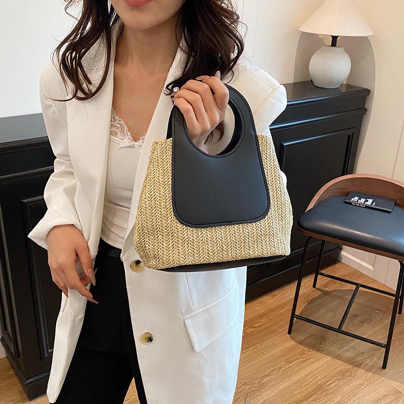 2025 summer retro contrasting color splicing straw bag large capacity hand-woven bag simple and fashionable shoulder handbag