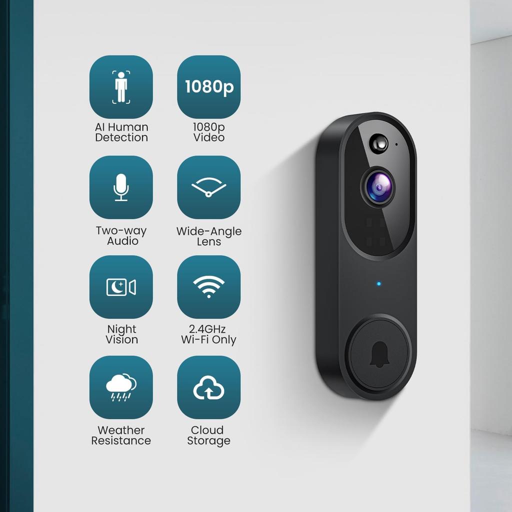 Wireless Wi-Fi Video Doorbell Camera with Two Way Audio, AI Motion Detection, Night Vision and Cloud Storage, 2.4G Wi-Fi Only
