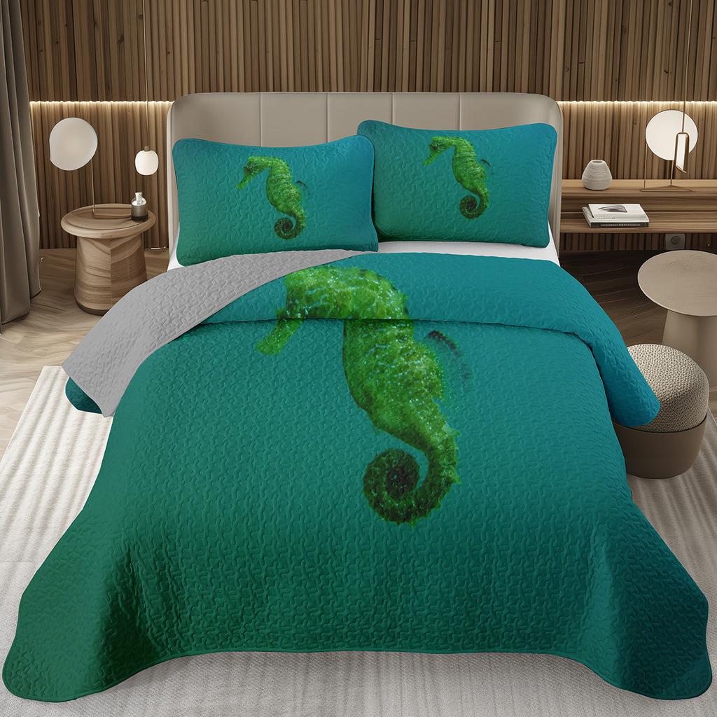 Comforter Seahorse Queen Size 3D Seahorse Printed Bedding Set Ocean Animal Quilted Marine Mediterranean Style Bed