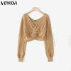 VONDA Women Casual Autumn V Neck Long Sleeve Twisted Cropped Sweaters Knitwear
