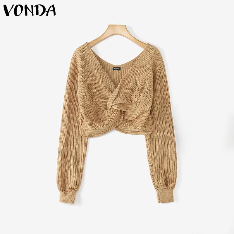 VONDA Women Casual Autumn V Neck Long Sleeve Twisted Cropped Sweaters Knitwear