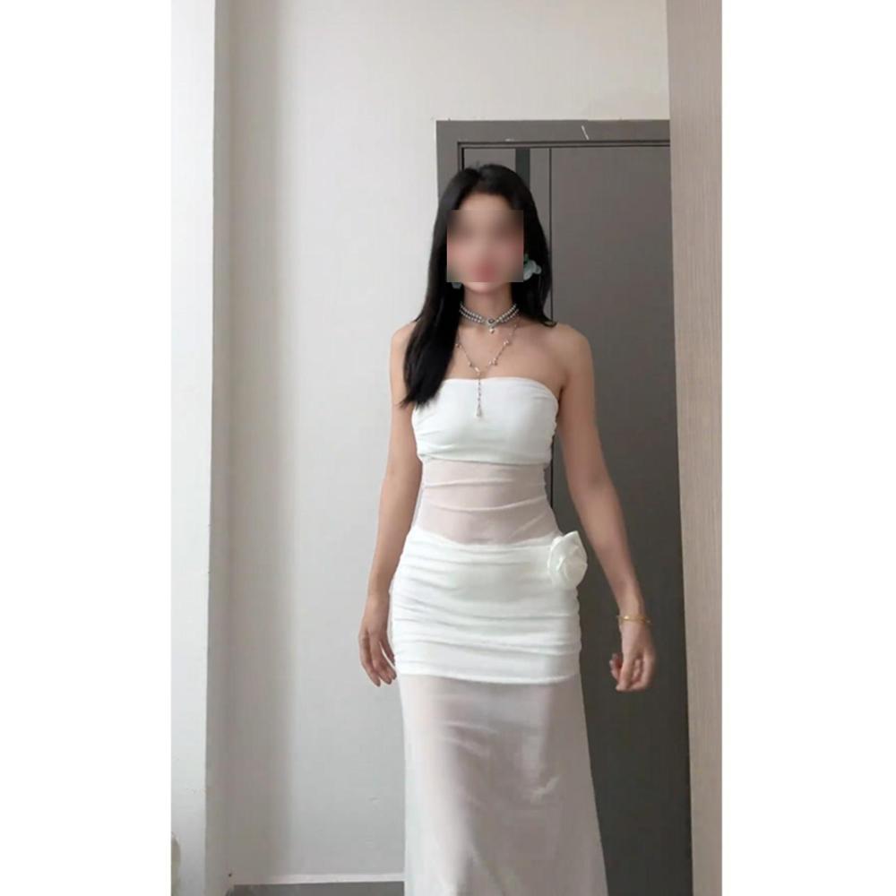 Internet celebrity live streaming host super fairy romantic mesh stitching tube top dress women's three-dimensional flower slim hip skirt