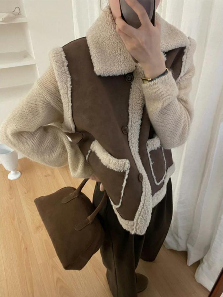 Women's Faux Suede Lambswool Vest 2024 Autumn/Winter Casual Black Leather & Fur Short Coat