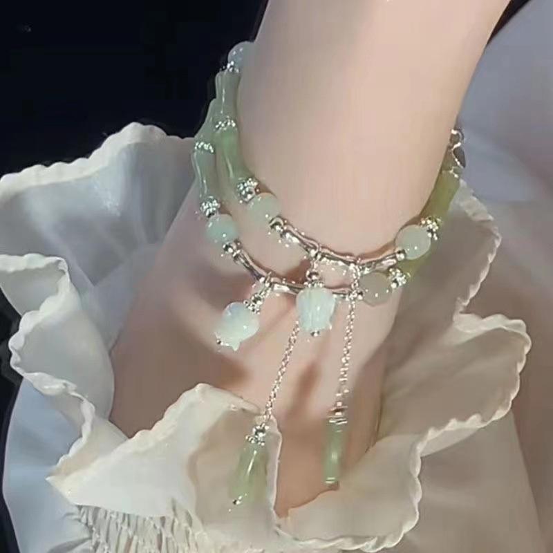 Brățară cu mărgele din bambus verde retro în stil chinezesc pentru femei, bijuterii din aliaj cu farmec simplu pentru femei