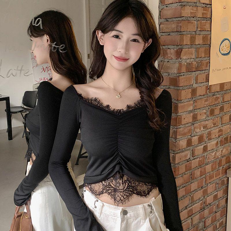 

Women s Autumn Lace Patchwork Long-Sleeve T-Shirt - Spicy Style M чёрный