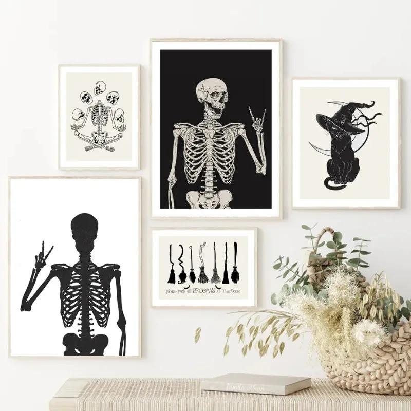 Nordic Simple Wall Art Halloween Skull Witch, HD Canvas Print Poster, Home Living Room Bedroom Decorative Painting