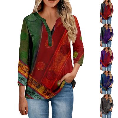Women's Button Neck Tops Women's Casual Everyday Tops 3/4 Sleeve V Neck Fashion Print Shirt Tops Pocket Tee Sweatshirts