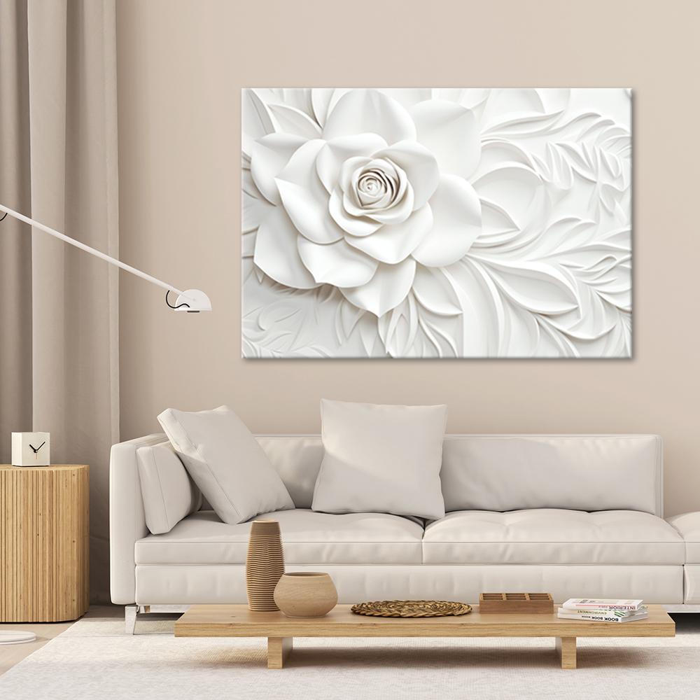 Canvas Print, White Blooming Rose Flower 3D