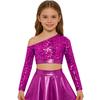Girls Jazz Dance One Shoulder Long Sleeve Sequins Top Performance Competition Costume