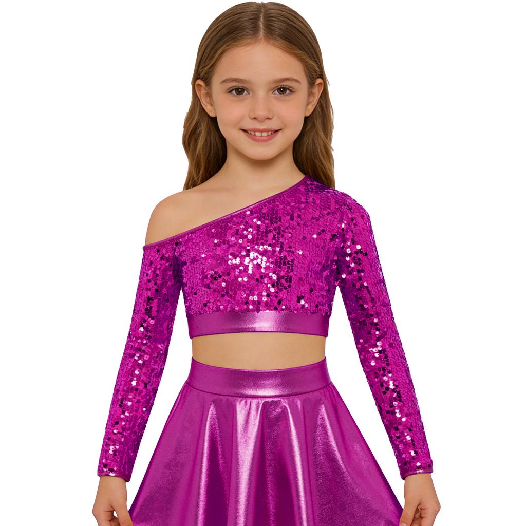 Girls Jazz Dance One Shoulder Long Sleeve Sequins Top Performance Competition Costume