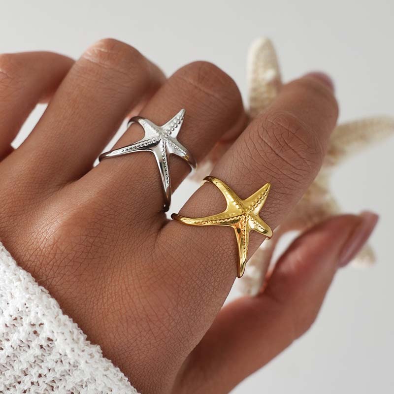 Stainless Steel Gold Color Starfish Open Rings Fashion Metal Hollow Star Adjustable Finger Ring Waterproof Jewelry Gift 2026