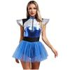 Womens Shiny Metallic Alien Cosplay Costume Fly Sleeve Halloween Party Leotard Tutu Dress