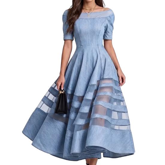 Damen schulterfreies Jeanskleid, Netz-Patchwork Kurzarm A-Linie Swingkleid, Sommer Reise Urlaub langes Kleid