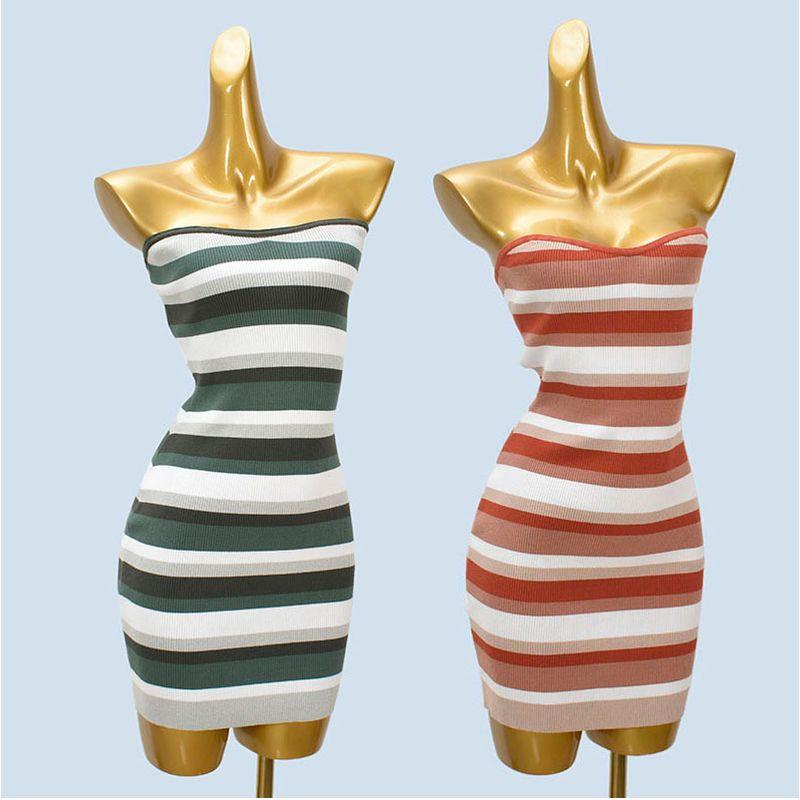 Export Single Four Seasons Fashion Style Sexy Sexy Silm Slimming Knitted Stripes off-Shoulder Collar Tube Top Dress