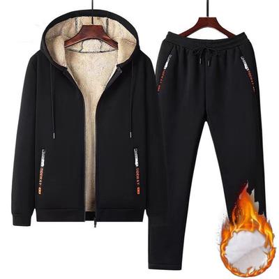 Men's Plus Velvet Thickened Sports Suit Autumn and Winter Hooded Large Size Casual Warm Two-piece Youth Lamb Fleece Jacket Flat Mouth