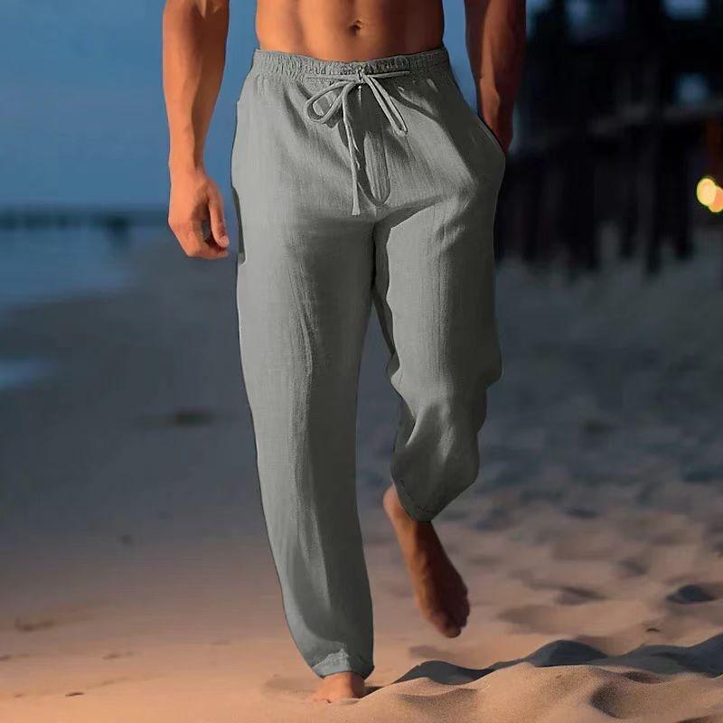 Mens Casual Solid Color Textured Drawstring Waist Linen Jogger Pants With Pockets