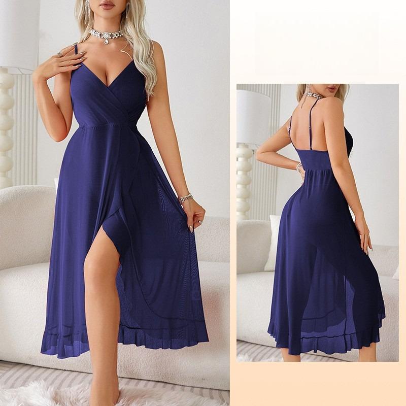 Elegantes V-Ausschnitt Nachthemd mit hohem Schlitz, rückenfrei, ärmellos, sexy Cami, Damen-Loungewear 683, anspruchsvolle, schmeichelhafte Nachtwäsche für selbstbewusste Frauen
