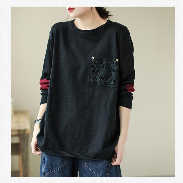 

Осенний литературный пуловер с круглым вырезом, женский свободный свитер с кружевной ажурной вязкой, повседневный топ M чёрный