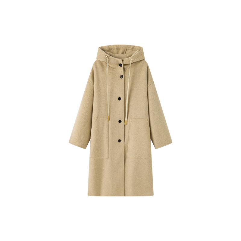 

Корейское двухстороннее шерстяное пальто с капюшоном - женское, осень/зима 24, облегающий крой, свободный дизайн L