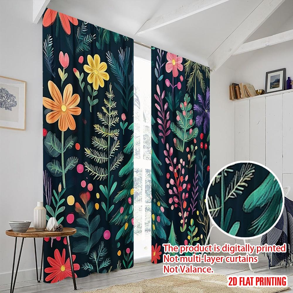 2pcs,2D plane printing Curtain Popular Christmas Trees Floral Festive Versatile Polyester Fabric (without rod) Festive Perfect