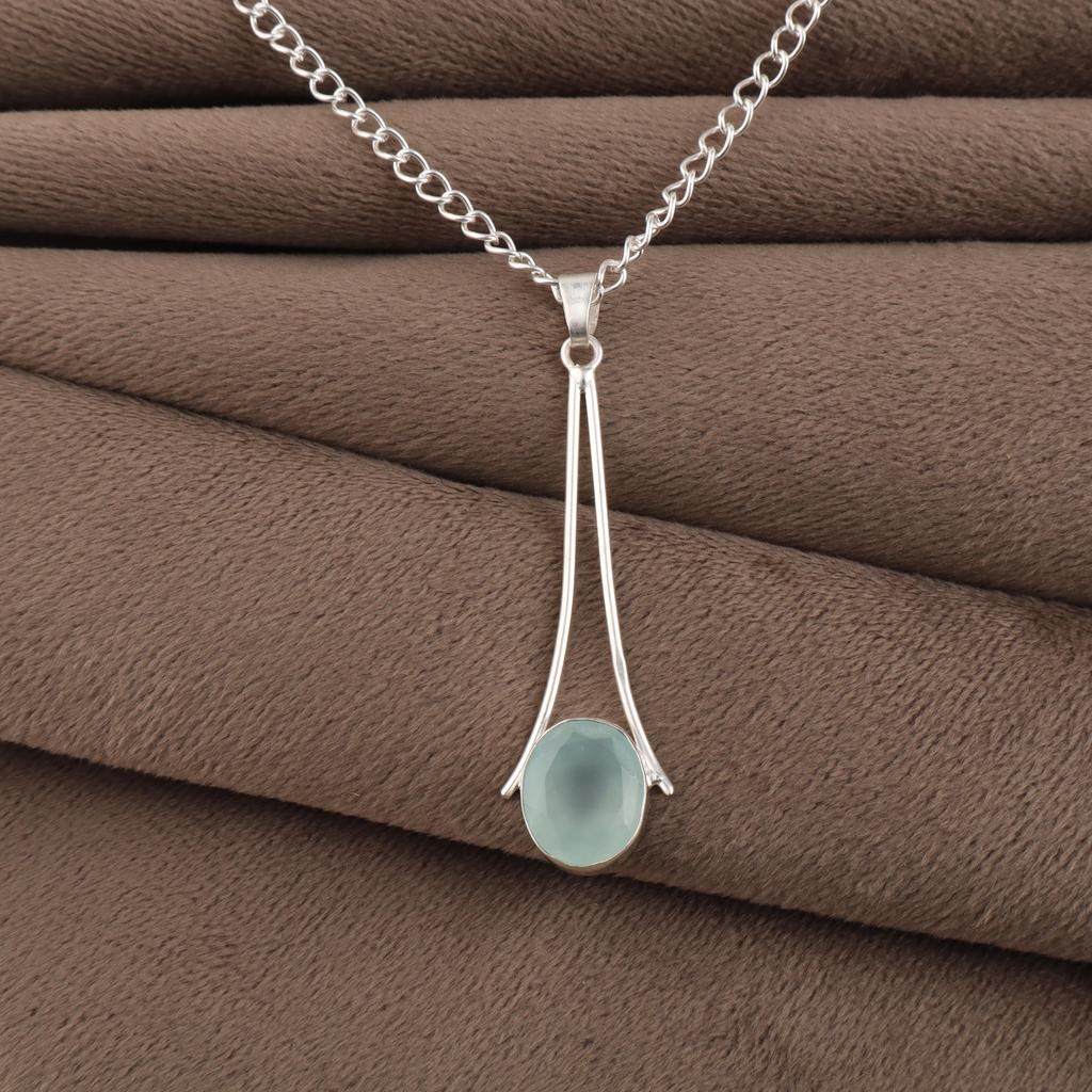 Aqua Chalcedony Gemstone 925 Sterling Silver Jewelry Handmade Elegant Pendant 1.79" For Anniversary Gift PP-69-17