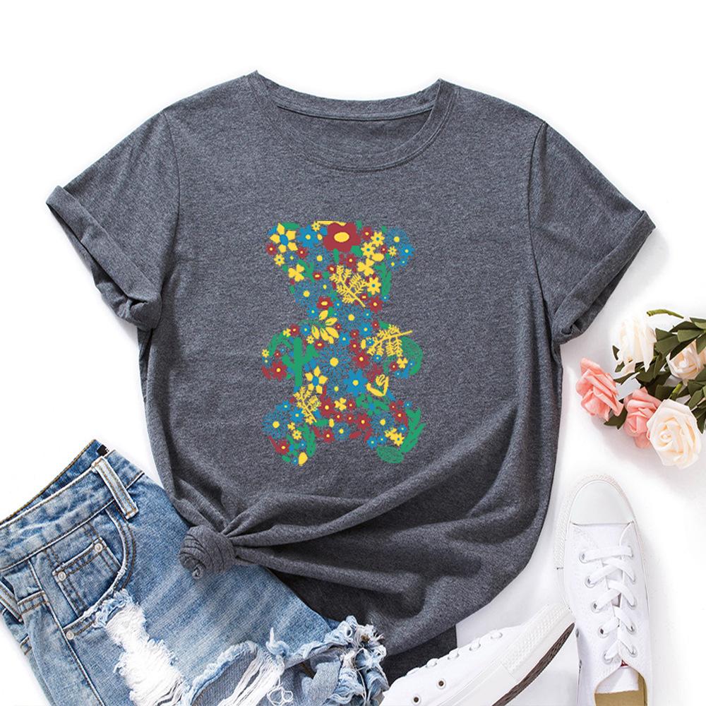 Fashion Cartoon Bear Cotton T-Shirt Short Sleeve Round Neck Women 2d Print Tops