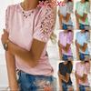 Women Crew Neck T Shirt Casual Top Short Sleeve Breathable Floral Cut Out Lace Stitching Solid Color Regular Fit
