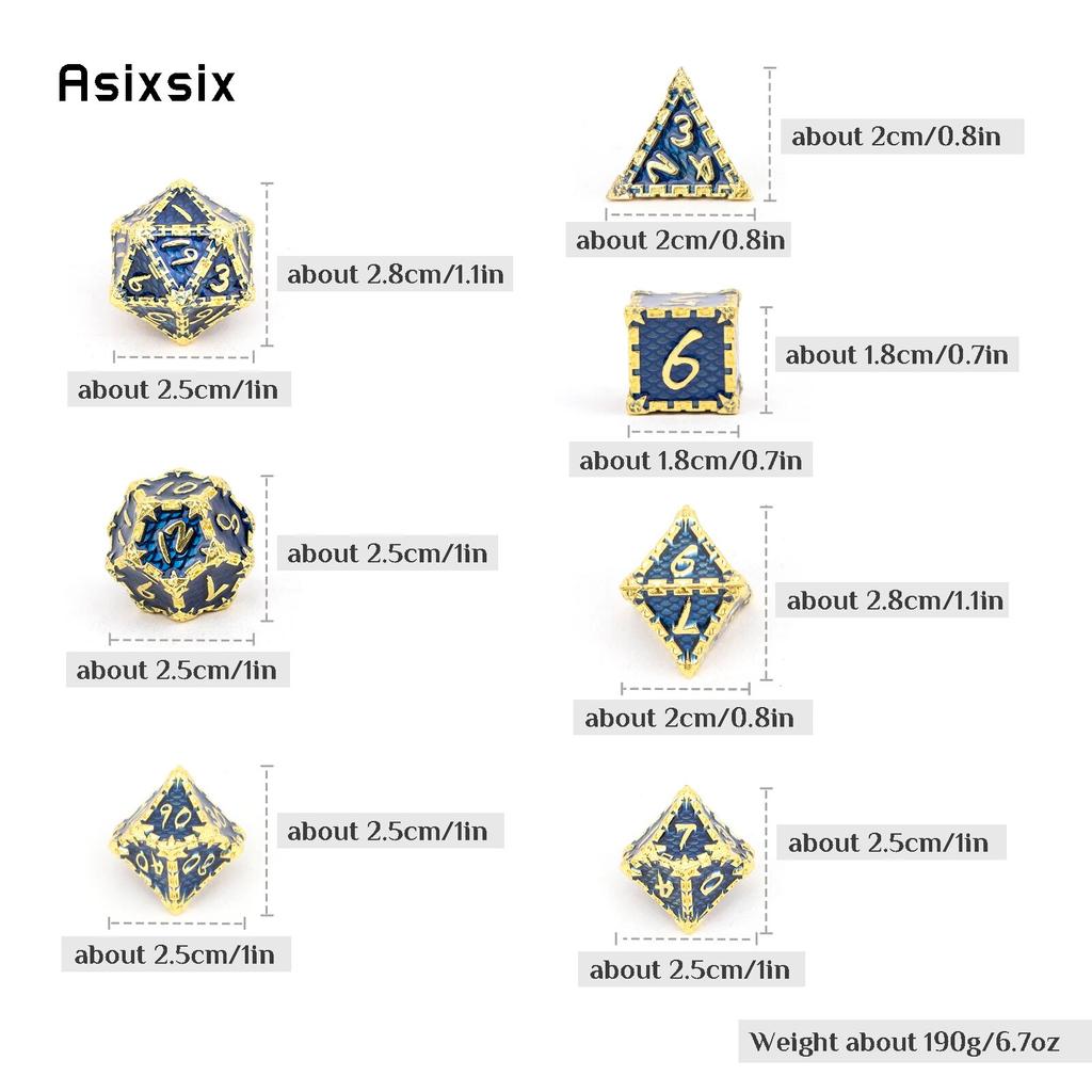 7 Pcs Blue Golden Fish Scale Metal Dice Solid Metal Polyhedral Dice Set Suitable for Role-Playing RPG  Board Game Card Game