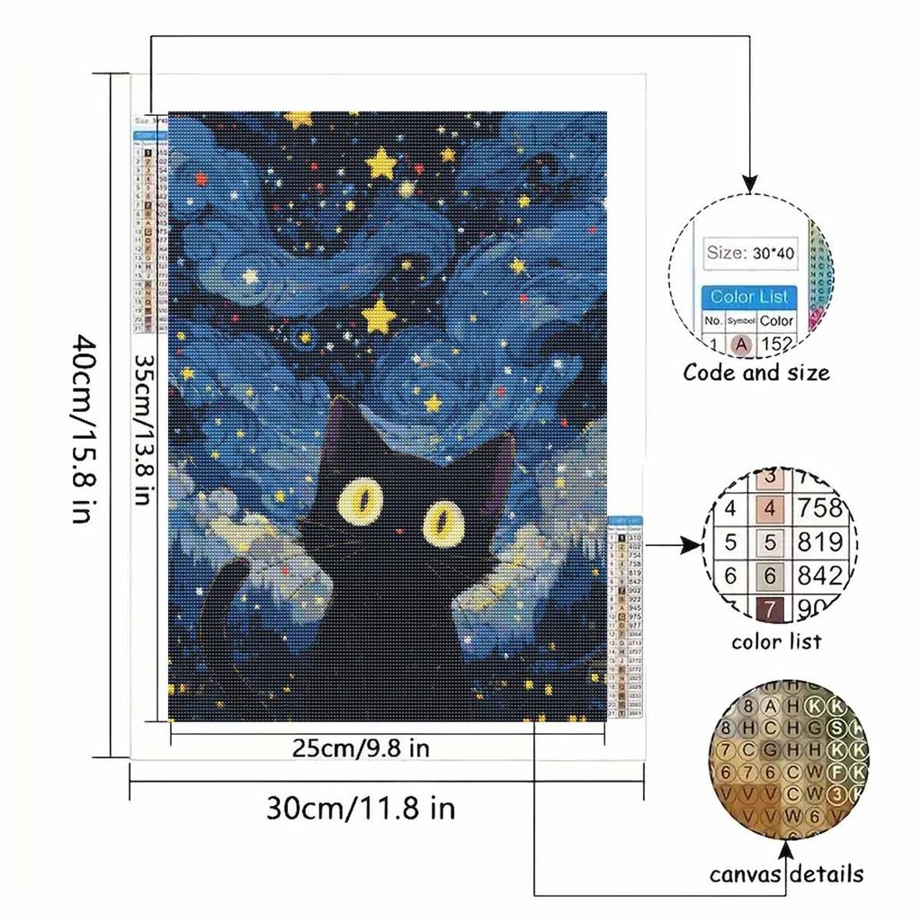 Diamond Painting Kit. Full Diamond Round Mosaic Black Cat Starry Sky. Handmade Home Decoration Gift